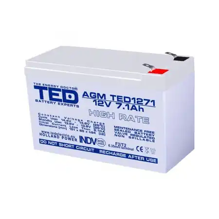Super ofertă Acumulator 12V 7.1Ah High Rate F2, AGM VRLA, TED Electric TED003300 TED Electric