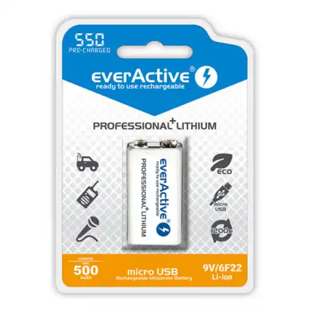 Calitate înaltă EverActive Acumulator 550mAh 9V Ni-MH cu Incarcare USB 6LR61 6LF22 Professional Line EverActive