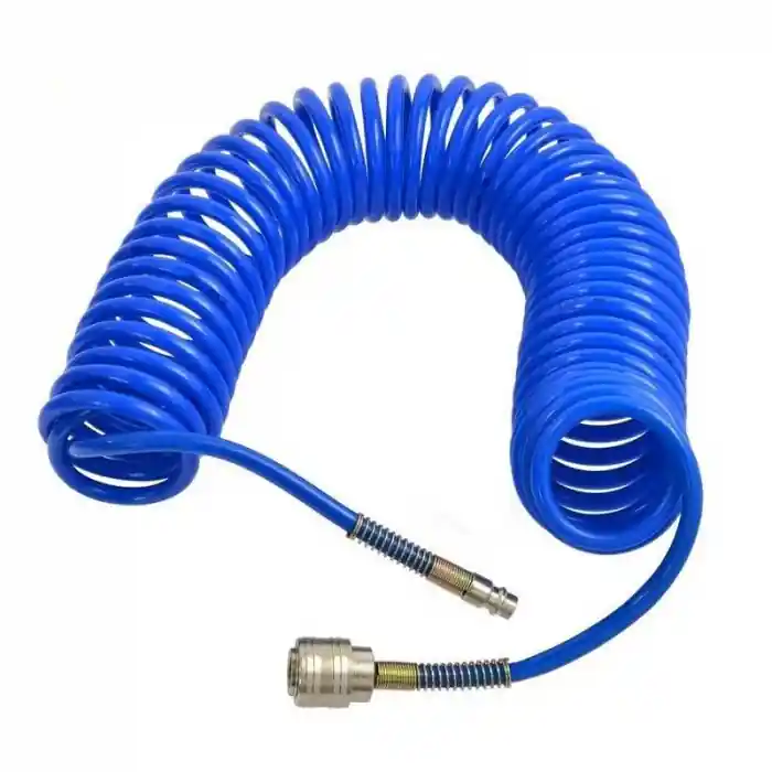 Furtun aer comprimat spiralat cu cupla rapida Troy 18608, 7.5 m, 5 mm Plată sigură