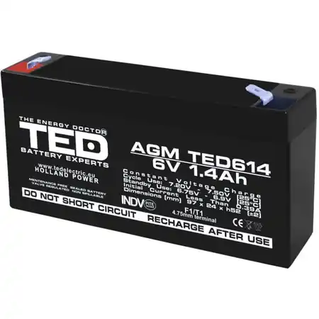 Acumulator 6V 1.4Ah F1, AGM VRLA, TED Electric TED002839 TED Electric Promoție