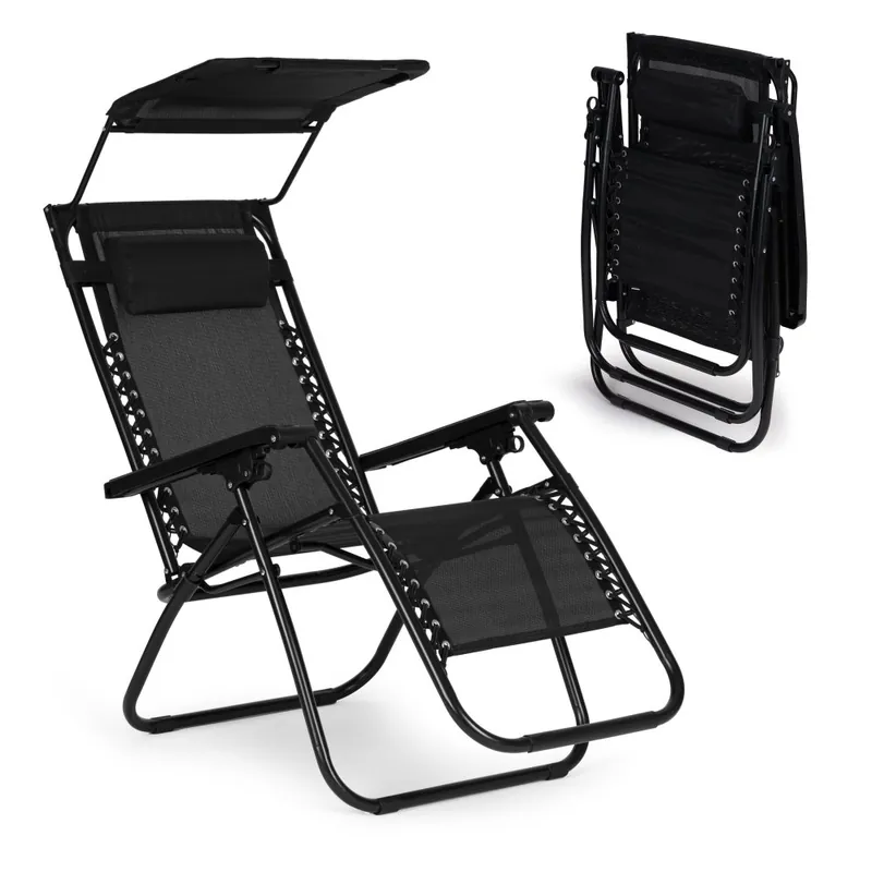 Livrare rapidă Șezlong de plajă de grădină cu spătar reglabil și baldachin mobil MultiGarden negru