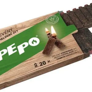 Reduceri Bricheta PE-PO® 2in1, din lemn, 20 buc., cu chibrit si zornaie, bricheta pentru gratare, sobe, seminee, cuptoare