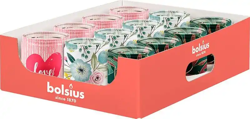 Ofertă de sezon Lumanare Bolsius Star.glas Love, 82/68 mm, in sticla, Sellbox 12 buc