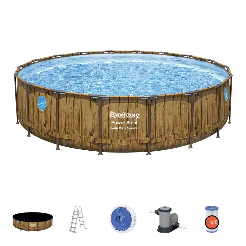 Doar azi Piscina Bestway® Power Steel™, seria Vista, 56977, filtru, pompă, scară, foaie, distribuitor ChemConnect™, plasture adeziv, 5,49x1,22 m