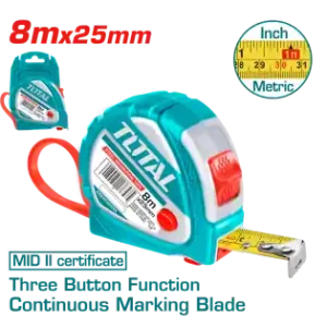 Ruleta Total de 8 metri, cu latimea de 25mm si buton cu 3 functii TOTAL Discount