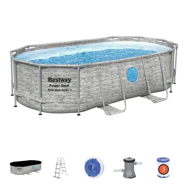 Pool Bestway® Power Steel™, Vista Series, 56714, filtru, pompă, scară, prelată, distribuitor, 4,27x2,5x1 m Cel mai vândut