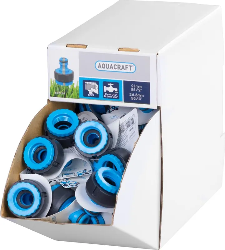 Lichidare de stoc Adaptor AQUACRAFT® 552185 SoftTouch G3/4"-1/2", Cutie de afișare 70 buc, pentru furtun, (550185)