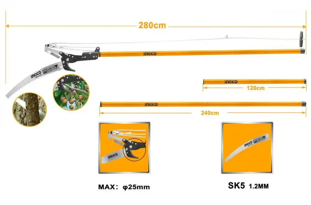 Foarfece de grădină cu ferăstrău + mâner telescopic 240cm INGCO industrial KLC Chilipir